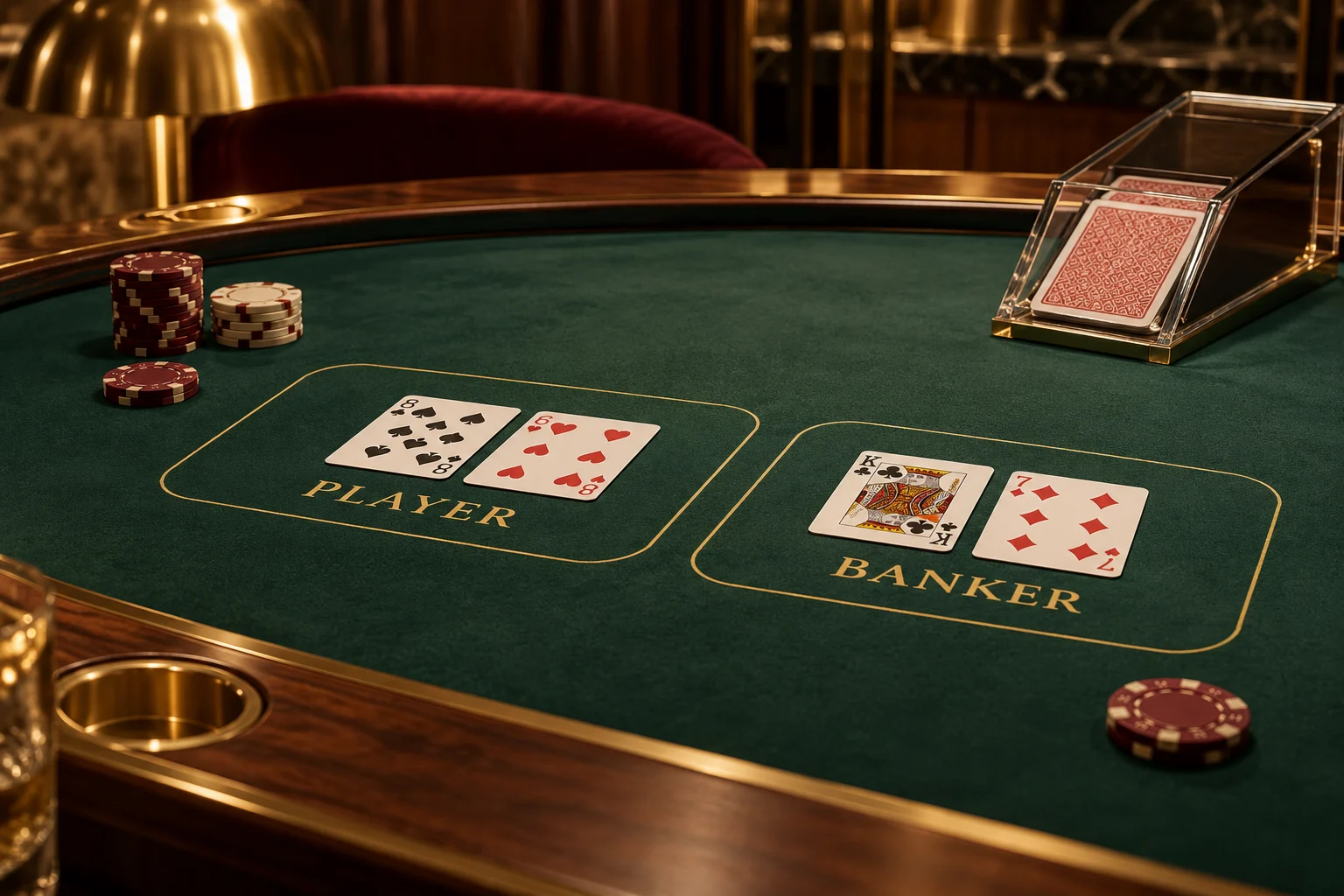Baccarat table and equipment in a warmly lit casino