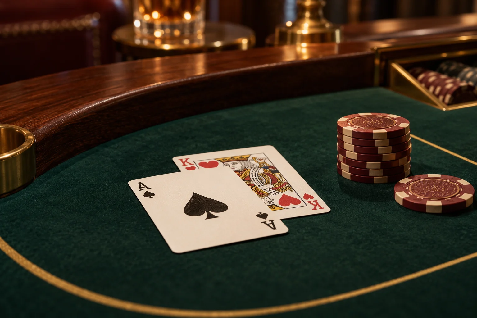 Blackjack table and equipment in a warmly lit casino