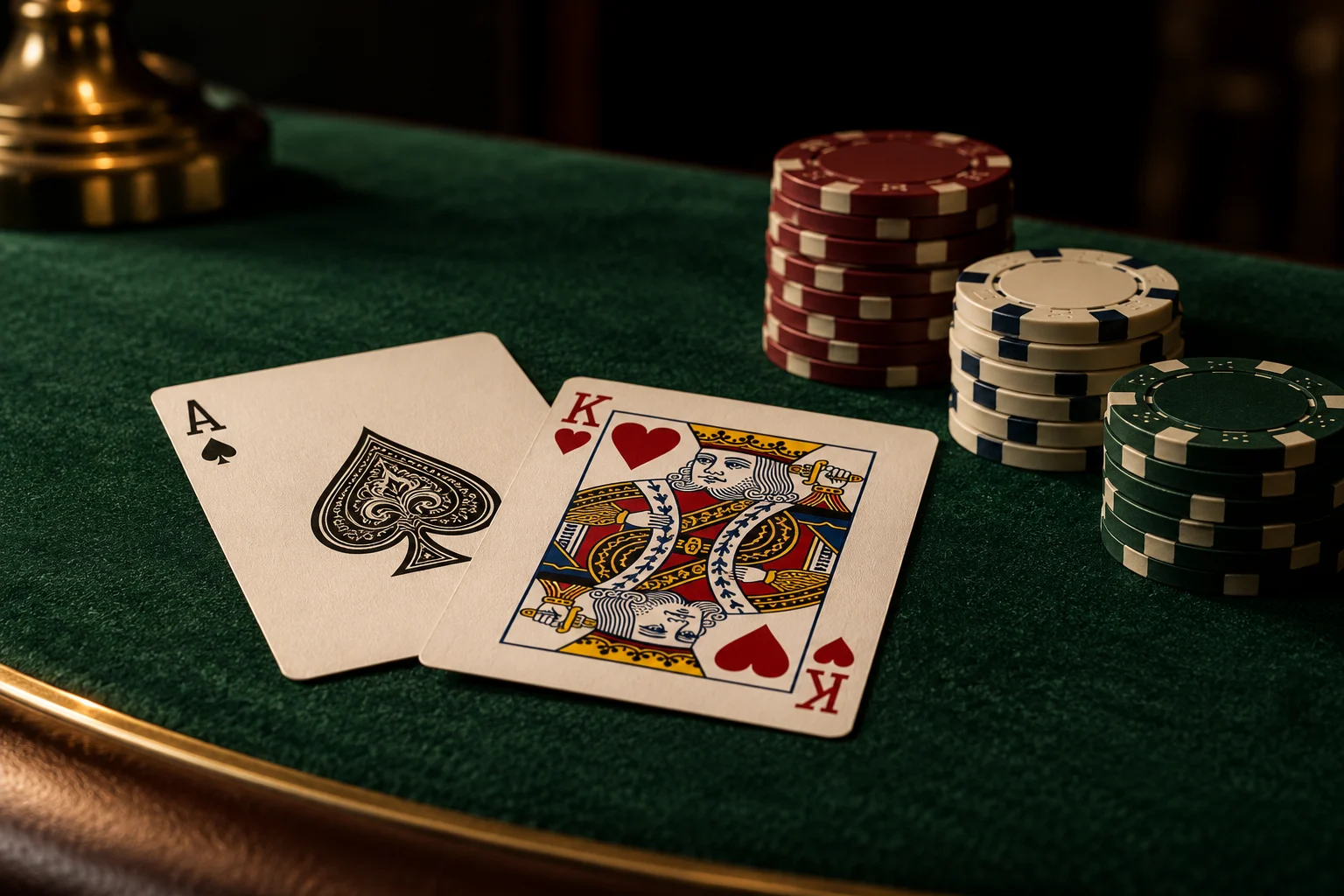 Playing cards and chips on a green casino table