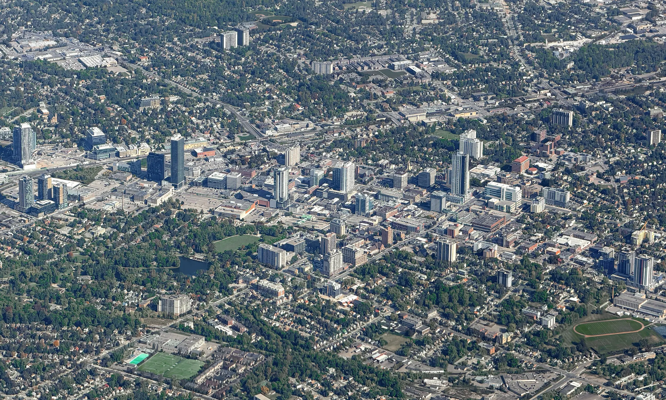 Kitchener, Ontario: Aerial view of downtown Kitchener, Ontario, a city of 256,885 residents in Waterloo Region, with an