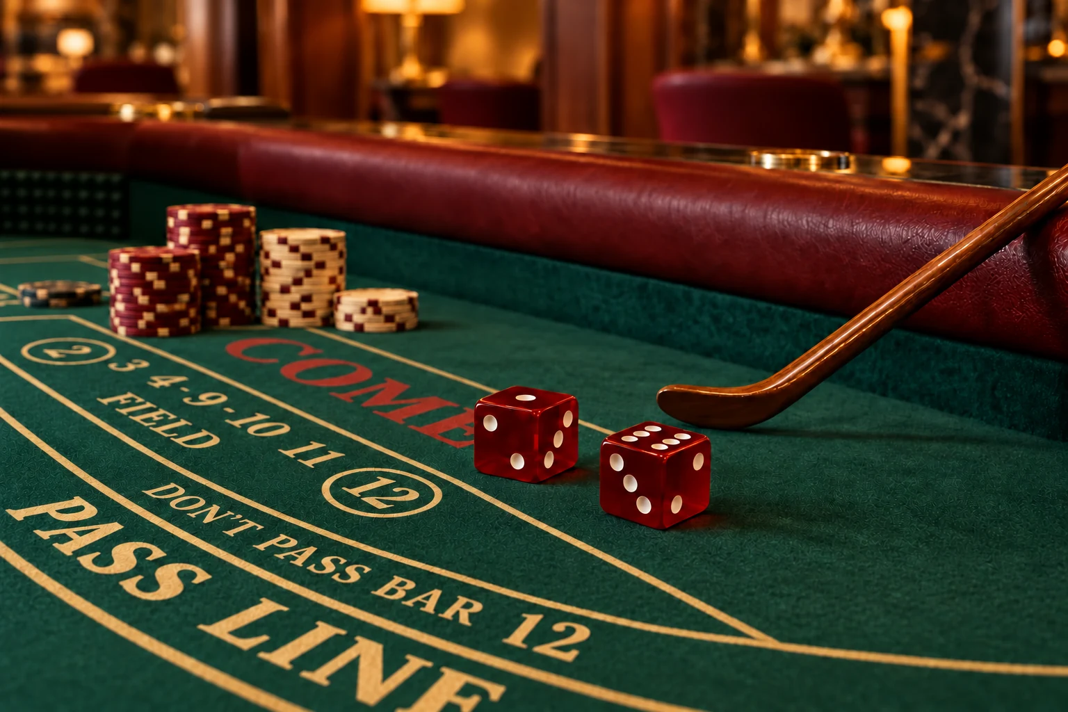 Craps table and equipment in a warmly lit casino