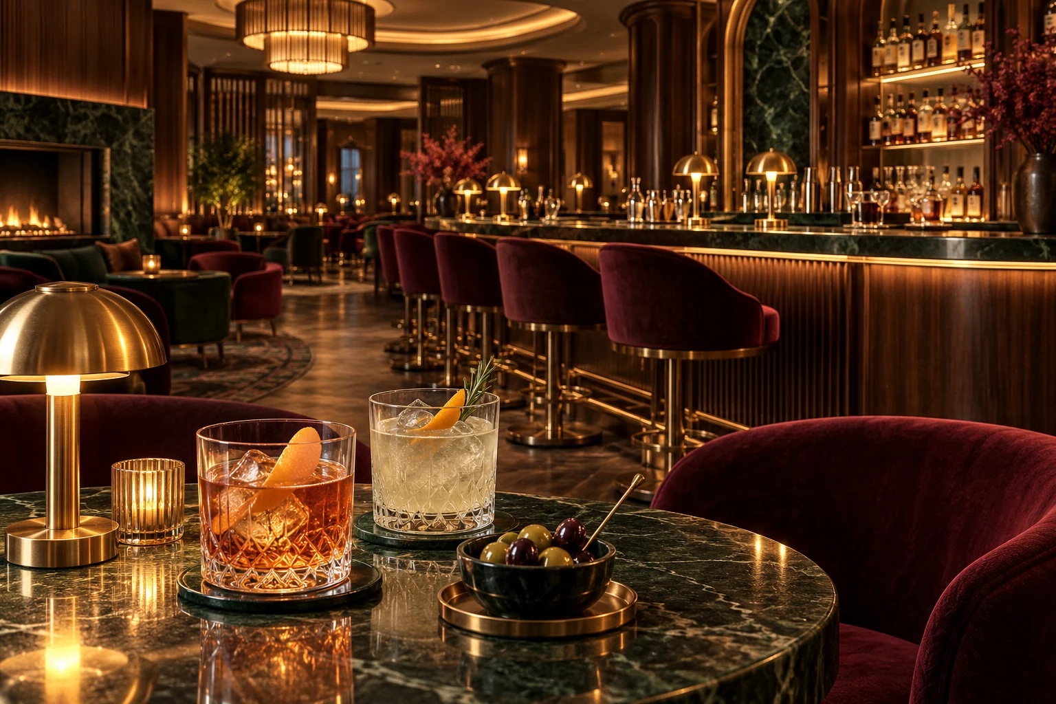 A warm lounge with two drinks on a table