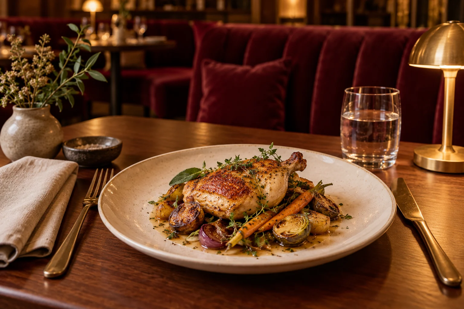 Roast chicken and seasonal vegetables at a warmly lit restaurant table