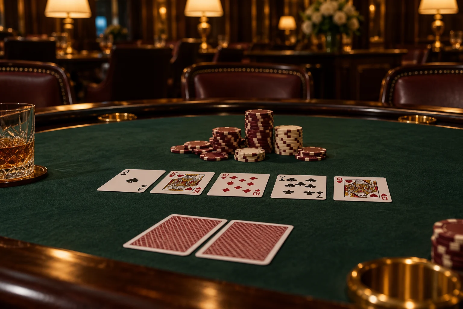Poker table and equipment in a warmly lit casino