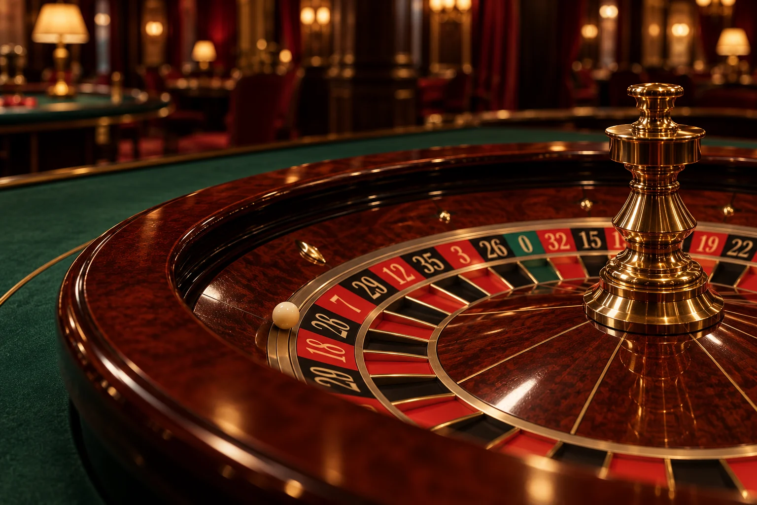 Roulette table and equipment in a warmly lit casino