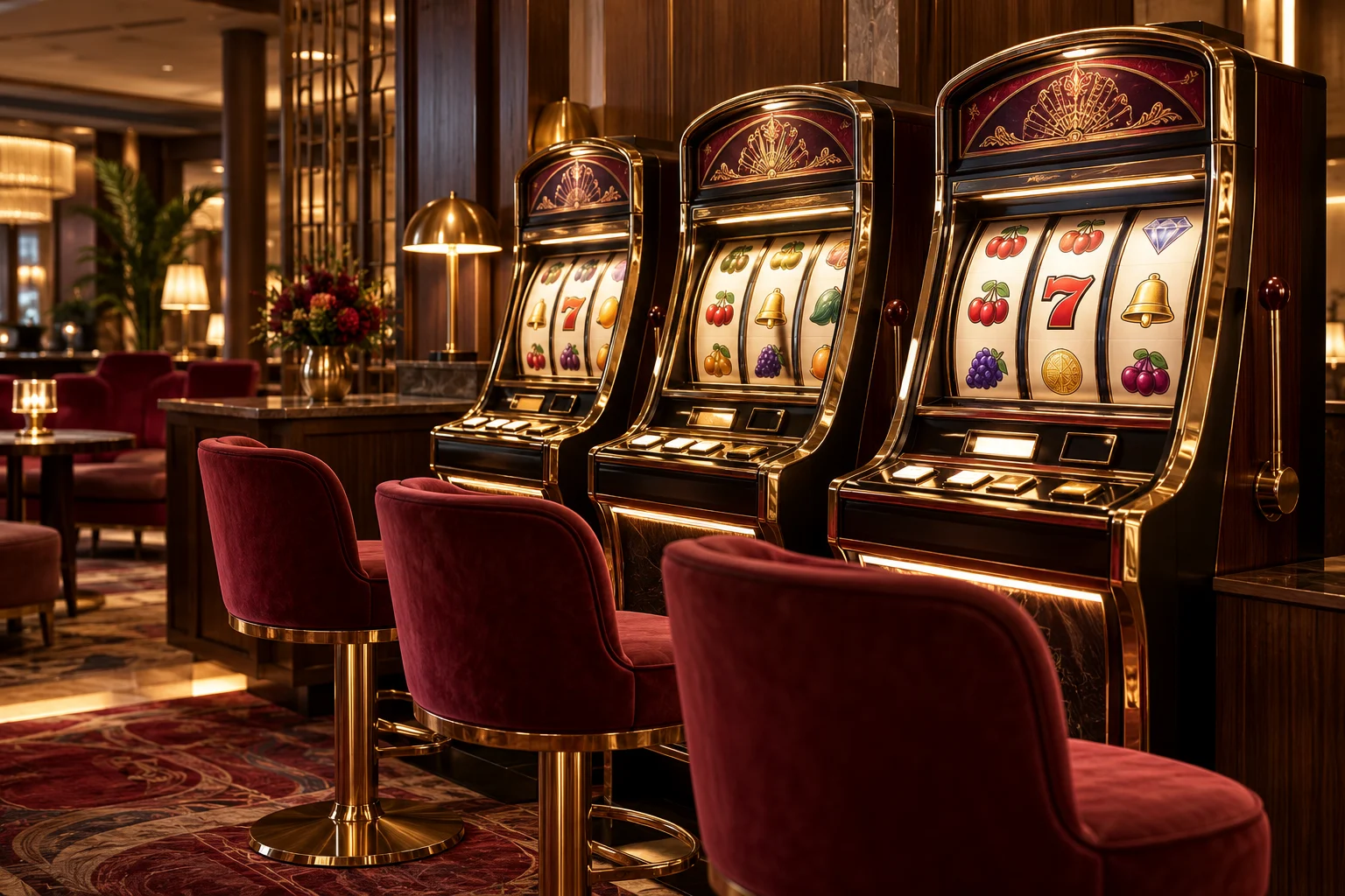 Slot machines with burgundy seats and warm brass lighting